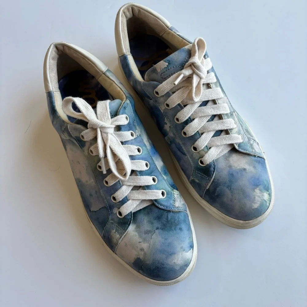 SH4 Sam Edelman Blue Watercolor Cloud Print Leather Sneakers Casual Women 10M